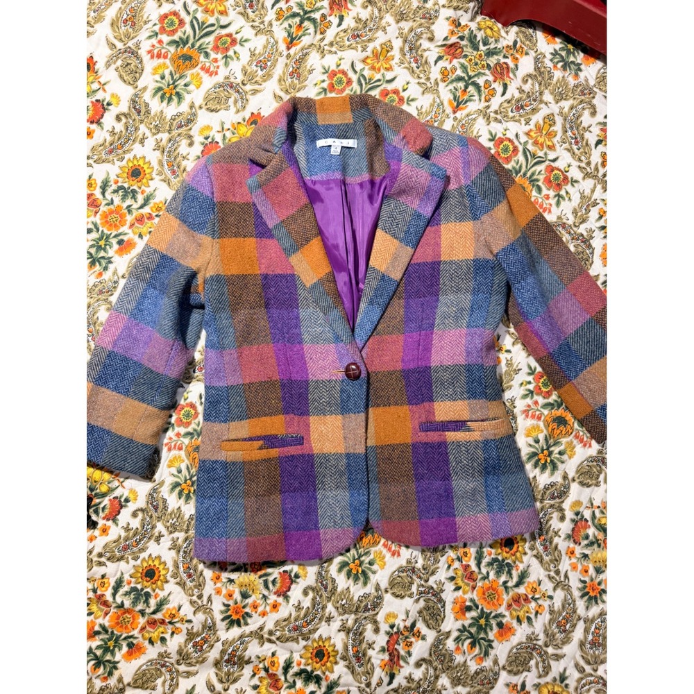 Cabi Plaid Wool Blend Blazer Purple Orange Blue Herringbone Jacket - 4